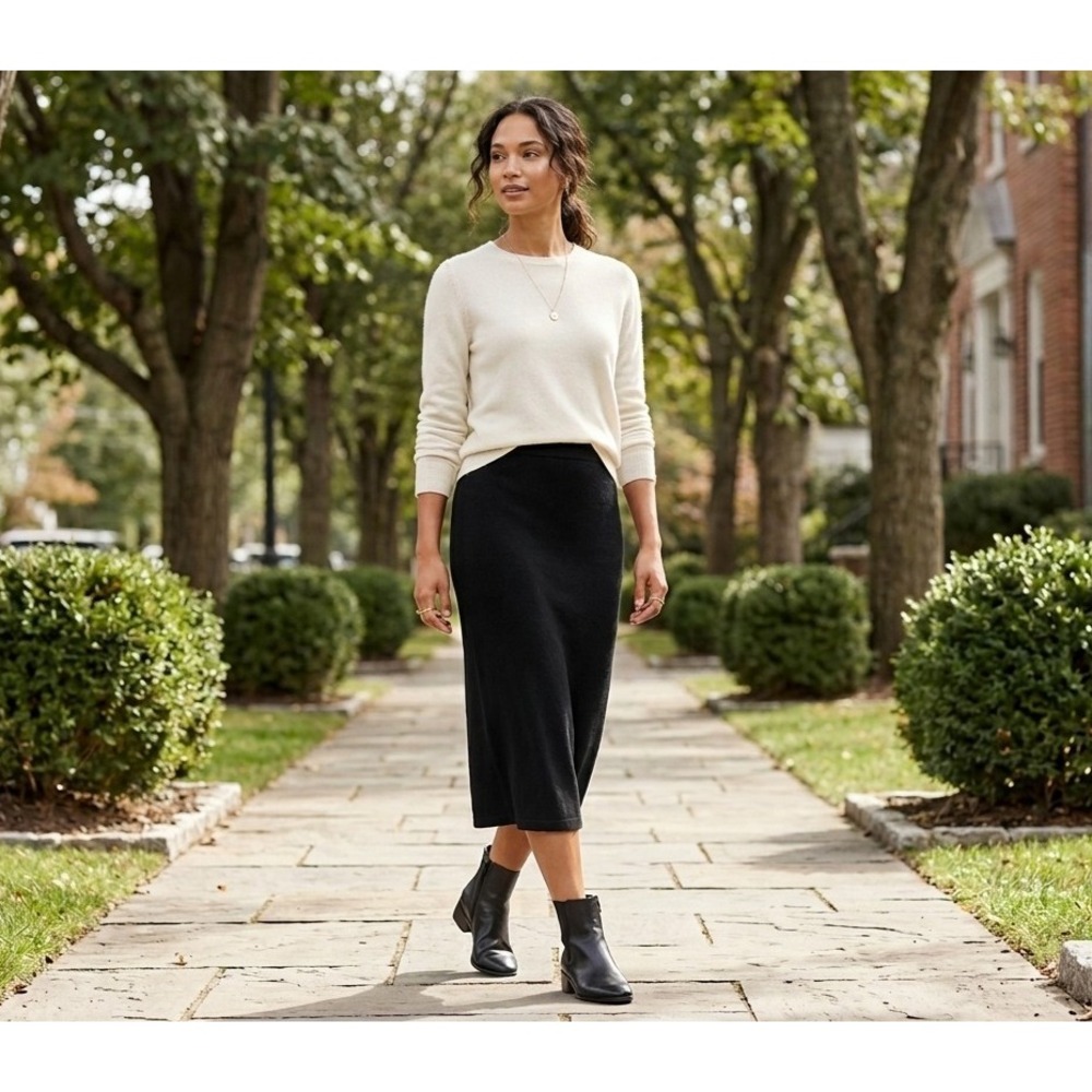 Eileen Fisher 100% Wool Italian Yarn Knit Black Midi Skirt Small Petite S/P
